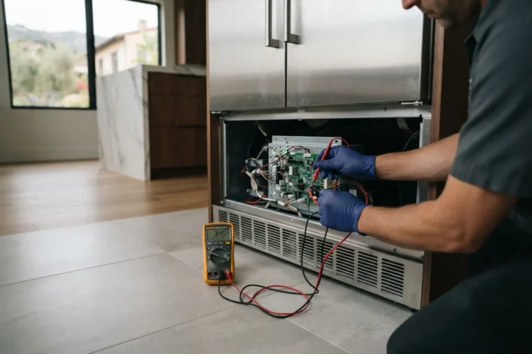 Technician testing the control board of a built-in refrigerator
