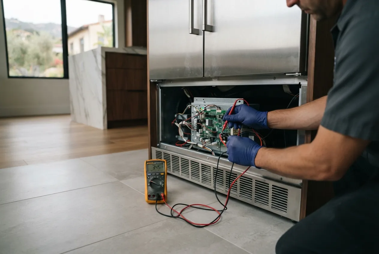 Technician testing the control board of a built-in refrigerator
