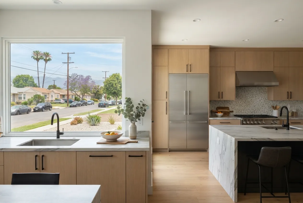 Modern kitchen with a built-in stainless refrigerator and a professional-style range